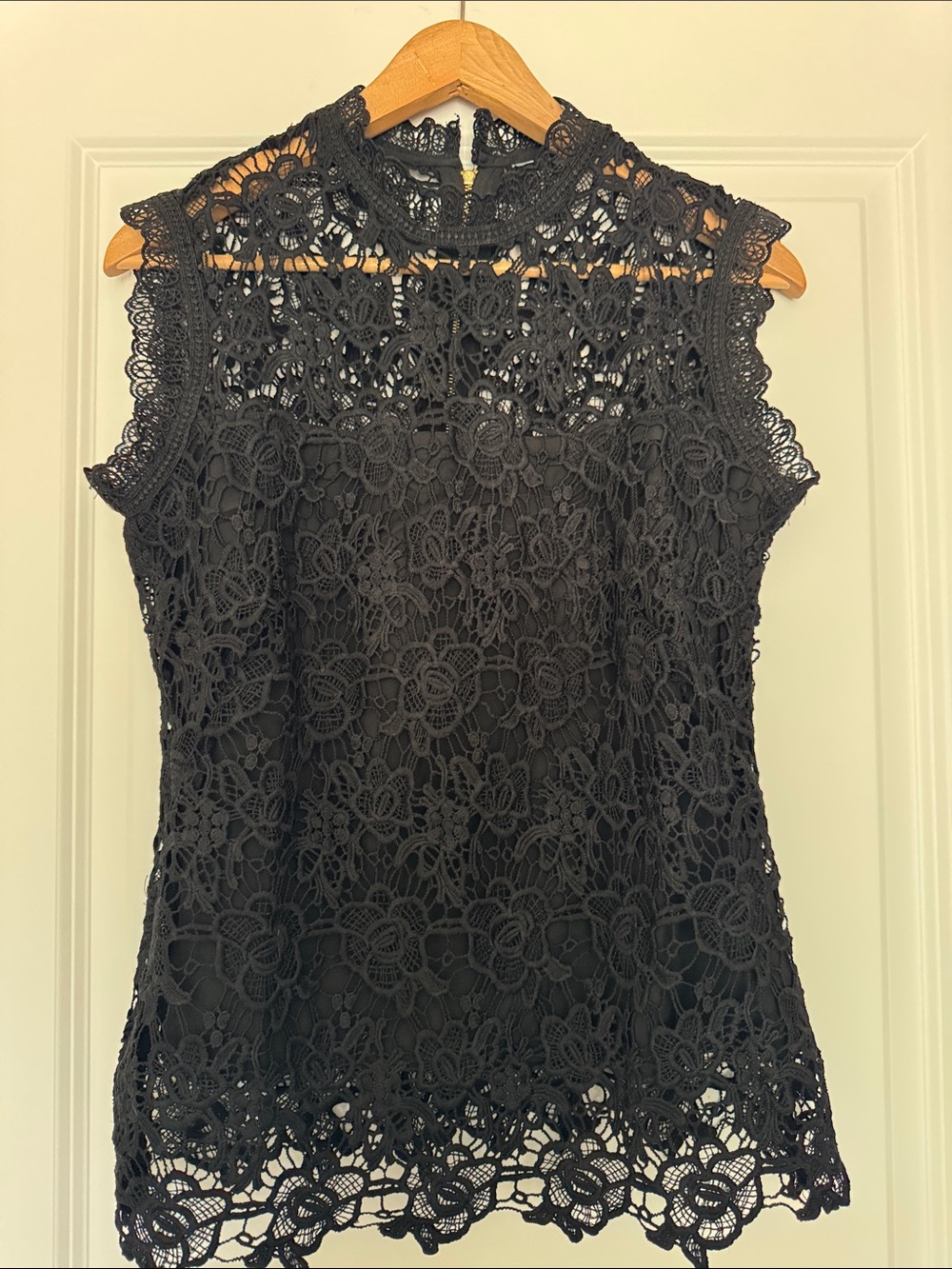 Black Lace Mock Neck Sleeveless Top Gold Zip Back Feminine Chic - Size Medium